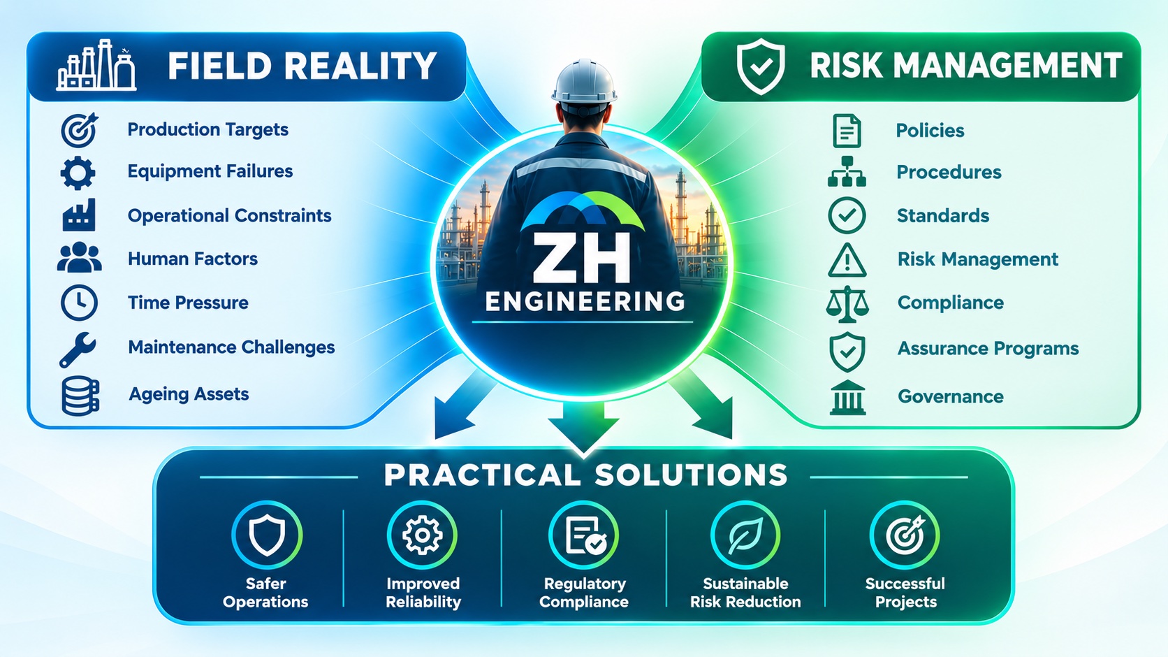 Diagram: field reality (production targets, equipment failures, operational constraints, human factors, time pressure, maintenance challenges, ageing assets) and risk management (policies, procedures, standards, risk management, compliance, assurance programmes, governance) combine into practical solutions: safer operations, improved reliability, regulatory compliance, sustainable risk reduction and successful projects.