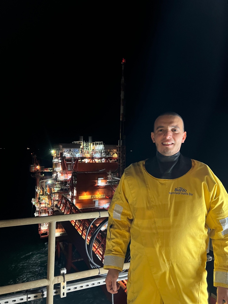 Hicham Zak on an offshore production platform at night